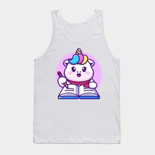 Cute unicorn writing on book with pencil cartoon Tank Top